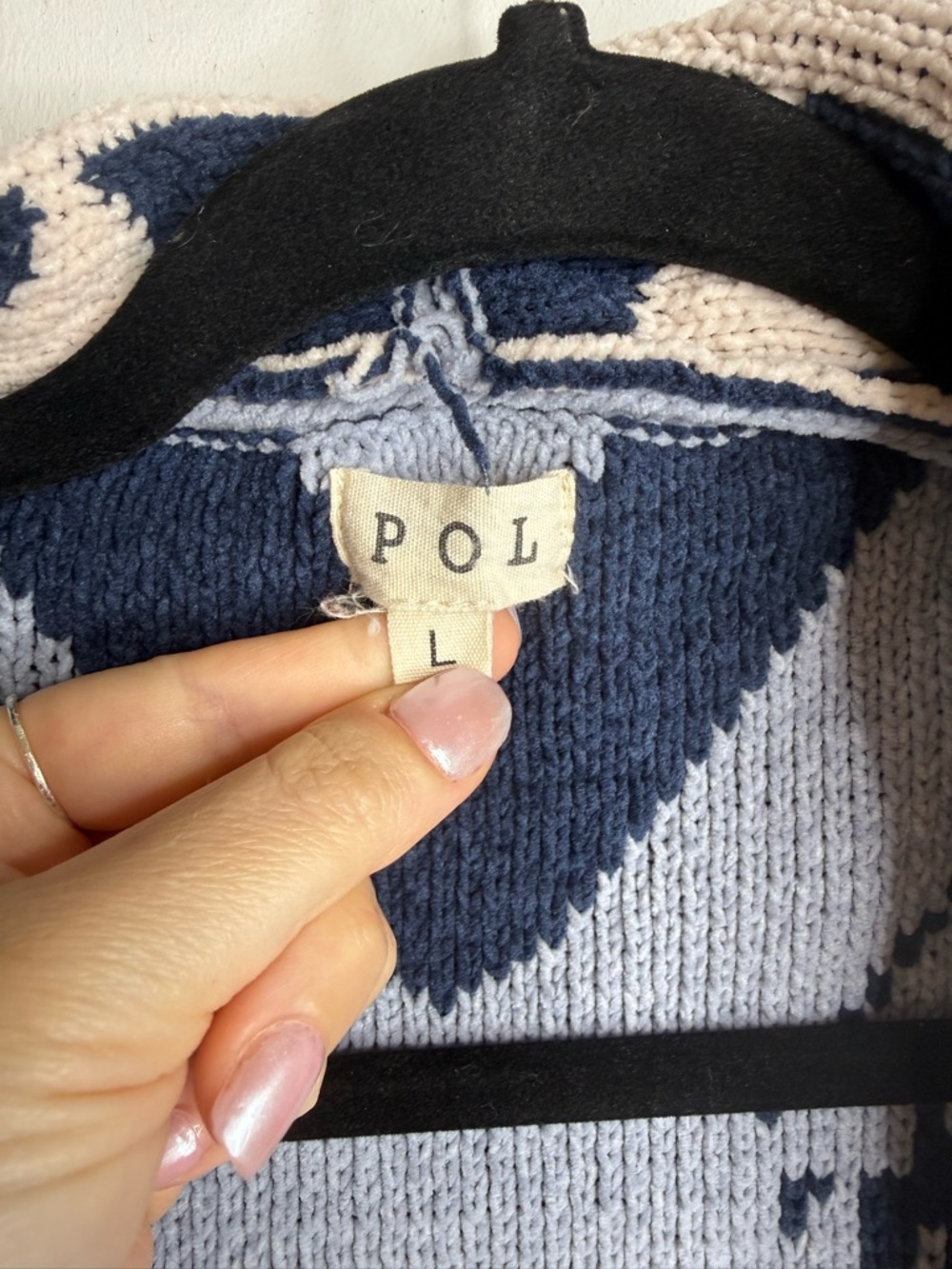 POL Indigo Blue Aztec pattern fringe chenille cardigan sweater Blue White Large - Picture 4 of 7